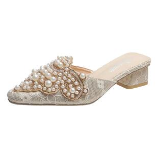 气质国风包头蕾丝婚鞋平底尖头半拖鞋女夏凉拖鞋珍珠水钻鞋懒人拖