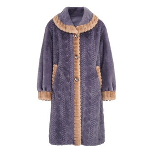 马天奴秋冬新款浅紫色翻领单排扣欧貂绒保暖长款质感女装气质外套