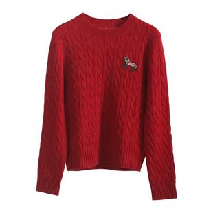 节日氛围感~新年生肖小马刺绣羊毛羊绒绞花毛衣圆领套头针织衫女