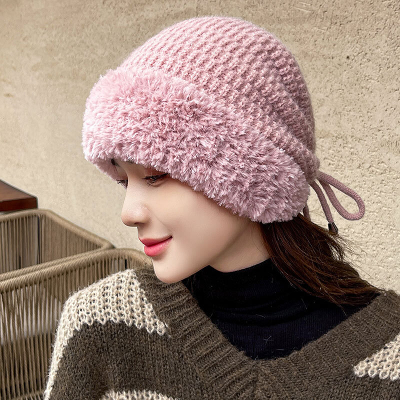 新款加绒保暖防寒针织套头护耳帽子女士秋冬季抽绳运动毛绒线帽潮