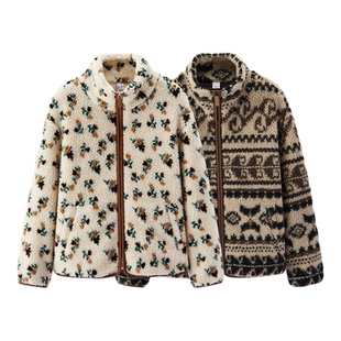 森马外套女冬季仿羊羔毛摇粒绒立领宽松碎花图案2025新款复古夹克
