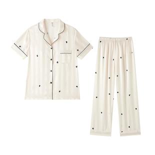 冰丝睡衣女款秋春短袖长裤2026新款带胸垫可外穿夏丝绸家居服套装