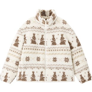 乐町仿羊羔毛兔子费尔岛面包羽绒服女25冬季新款下摆可收外套*4