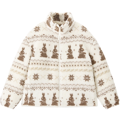 乐町仿羊羔毛兔子费尔岛印花面包羽绒服女25冬季新款下摆可收外套