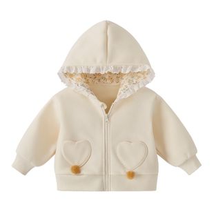 [抗菌远红外]女童春秋外套宝宝洋气花边连帽小童加绒上衣儿童冬装