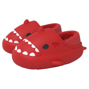新年红本命年防水鲨鱼棉拖鞋女冬季室内家居保暖包跟毛拖鞋情侣男