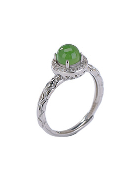 山予棠天然和田玉S925纯银碧玉圆珠圆形蛇皮纹菱形花纹镶嵌银戒指