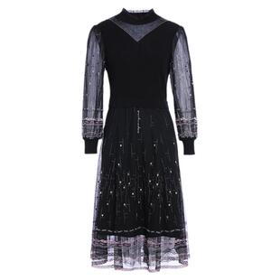 乔万尼连衣裙新款女早秋黑色长袖针织法式高级感微透假两件设计