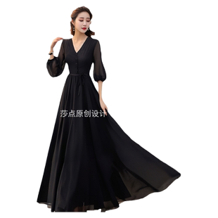 黑色晚礼服高级感2025新款气质收腰显瘦赫本风小黑裙长款连衣裙
