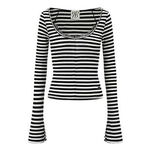 【徐若晗同款】ODTD新款条纹圆领蕾丝拼接羊毛打底长袖T恤上衣