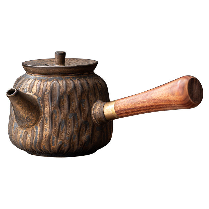 复古鎏金茶壶日式侧把简约陶瓷