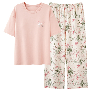 三枪睡衣女纯棉夏季短袖七分裤休闲家居服夏天薄款全棉套装可外穿