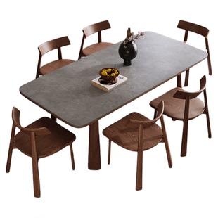 岩板餐桌家用长方形轻奢高级感实木全托底板饭桌25款胡桃木色餐桌