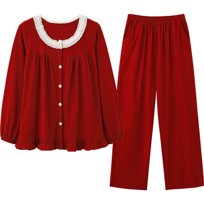 甜美新婚纯棉情侣睡衣春秋红色