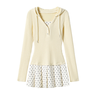 织物猪 奶油暖暖 甜美针织拼接连衣裙女小个子早春长袖波点短裙子