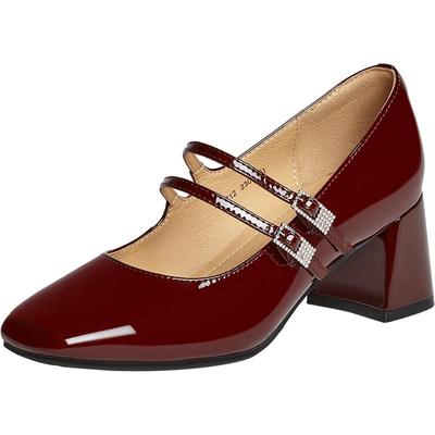 百思图25秋新款牛皮法式粗跟红色玛丽珍鞋浅口女单鞋婚鞋C5212CQ5