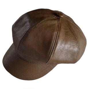 帽子女秋冬显脸小棕色博主皮质八角帽冬季鸭舌英伦报童皮帽贝雷帽