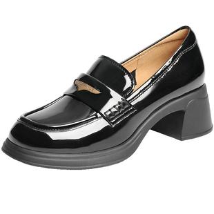 百丽女鞋子粗高跟海鸥乐福鞋黑色小皮鞋通勤上班单鞋3A6B5AA5