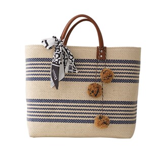 Jaserene 蓝条纹女包夏季草编包大容量小众编织手提包度假沙滩包