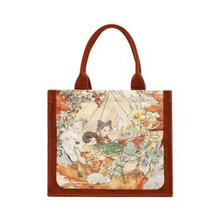 彩衣堂x夕米木子 国风新年龙年手拎方包女手提书包大容量学生通勤