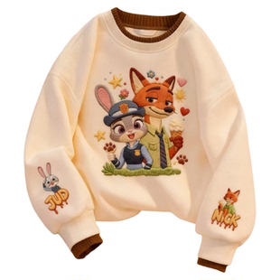 朱迪尼克红色卡通卫衣女童加绒加厚长袖圆领套头保暖疯狂动物城