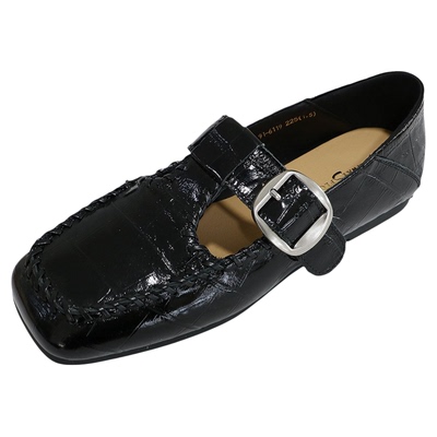 诗路花语真皮方头一字扣玛丽珍鞋