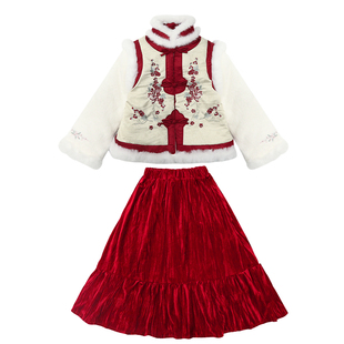 女童裙子冬季2025新款中大童国潮红色拜年服儿童冬装马面裙套装潮