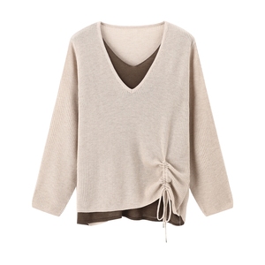 Basic House/百家好绵羊毛假两件撞色针织衫桑蚕丝抽绳上衣女秋冬