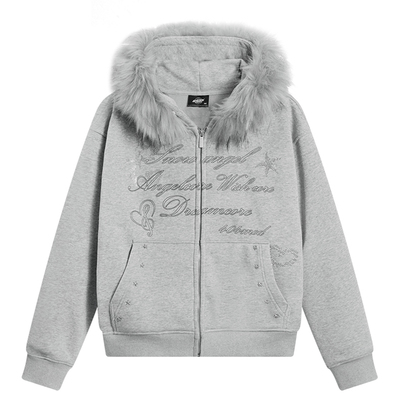 404MOB烫钻字母设计冬季大毛领加厚加绒外套女款短款连帽开衫卫衣