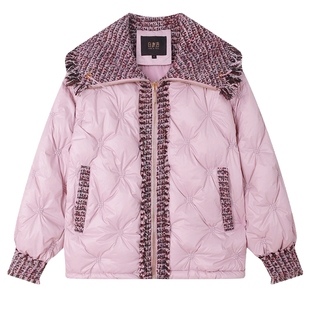 白鹿语设计感拼接翻领羽绒外套冬款甜美毛须边加厚保暖羽绒服女