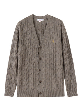 U.S. POLO ASSN.老钱风V领麻花针织衫开衫男士秋季长袖外套上衣