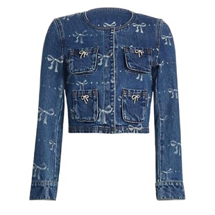 甜酷复古港风立体蝴蝶结印花长袖外套上衣阔腿长裤子水洗牛仔套装