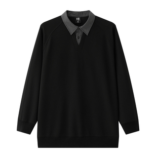 半墨大码男装假两件衬衫领卫衣男士冬季加绒宽松加肥加大翻领外套