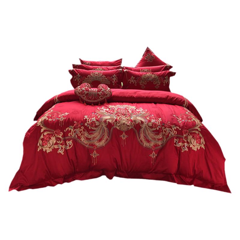 高端140支匹马棉四件套全棉婚庆刺绣被套大红色中式新婚床上用品