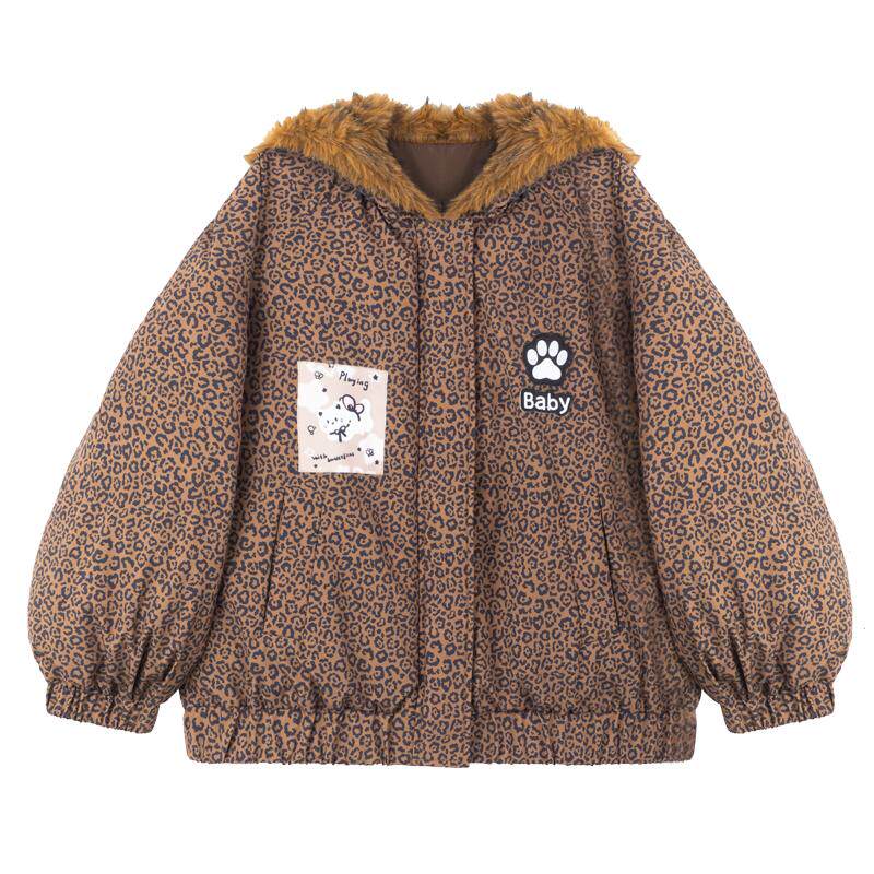 KEIKO豹纹短款猫耳连帽加厚棉衣