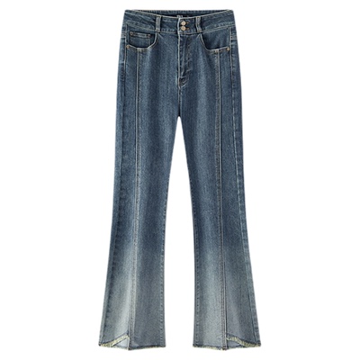 森马毛边分割渐变喇叭牛仔裤女