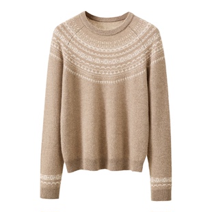 春竹秋冬新款100%山羊绒圆领合体费尔岛花型长袖舒适女士针织衫