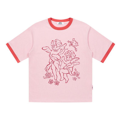 EMPTY REFERENCE美式复古原创手绘小天使印花拼色宽松休闲短袖T恤