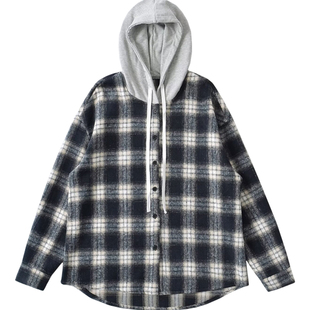 棉洋美式男友风宽松慵懒格子衬衫外套热巴款加厚抽绳连帽显瘦帽衫