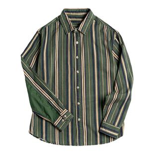 原创磨毛绿条纹纯棉长袖衬衫男港风复古衬衫美式休闲阿美咔叽衬衫