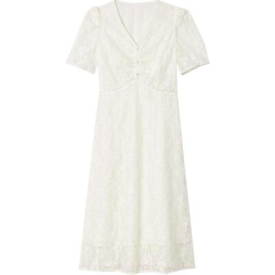 SALT.P可颜v领收腰钉珠镂空度假风蕾丝连衣裙夏款