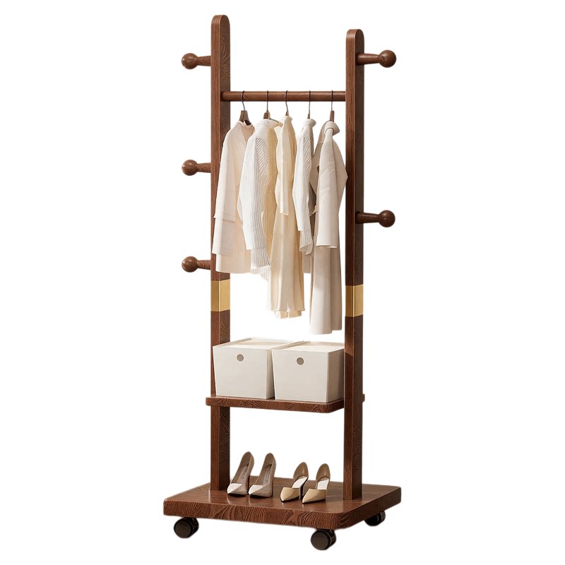 安居客移动衣架实木双排衣帽架2025新款中古风卧室落地挂衣架收纳