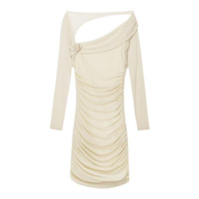 气质性感纯欲斜领露肩网纱长袖连衣裙女直播上镜显身材包臀短裙子