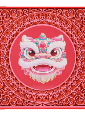 国潮醒狮手工铜雕红色装饰画