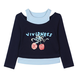 小O宝童装 女宝宝假两件长袖T恤女2026春装新款女童卡通趣味上衣