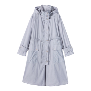 爱居兔秋季女装上衣连帽设计抽绳收腰轻薄舒适中长款风衣外套