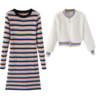 甜酷女装套装小个子秋冬外套2026年马年条纹针织套装裙毛衣两件套