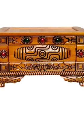 藏式橡木糌粑盒天珠格桑花干果盒收纳箱实木八吉祥糌粑桶精致雕刻