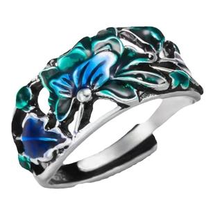 S925纯银烧蓝珐琅莲花锦鲤戒指女复古风国潮做旧彩色招财转运开口