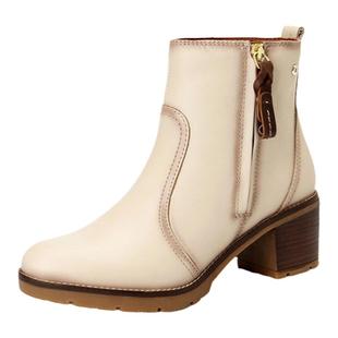 Pikolinos派高雁冬季牛皮圆头粗跟高跟纯色优雅短靴PA227002